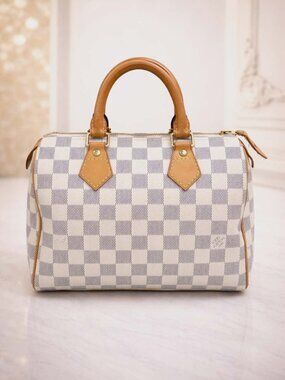 Authentic Louis Vuitton Speedy 25 Damier Azur White Checkered LV Handbag Satchel